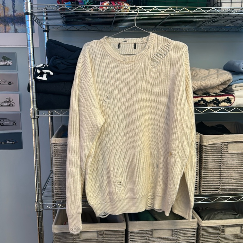 BEIGE MEN RIPPED THRIFTED CREWNECK SWEATER MEDIUM